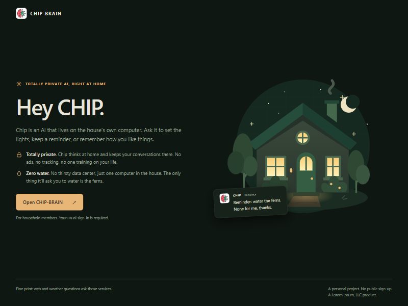 The Hey CHIP home page, beside an illustrated house at night